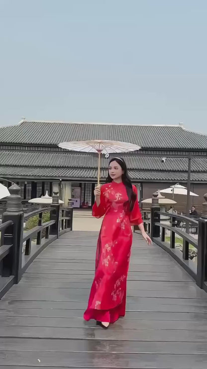 Yen - Red Heirloom Sheer Sleeves Ao Dai Top Only, No Pants