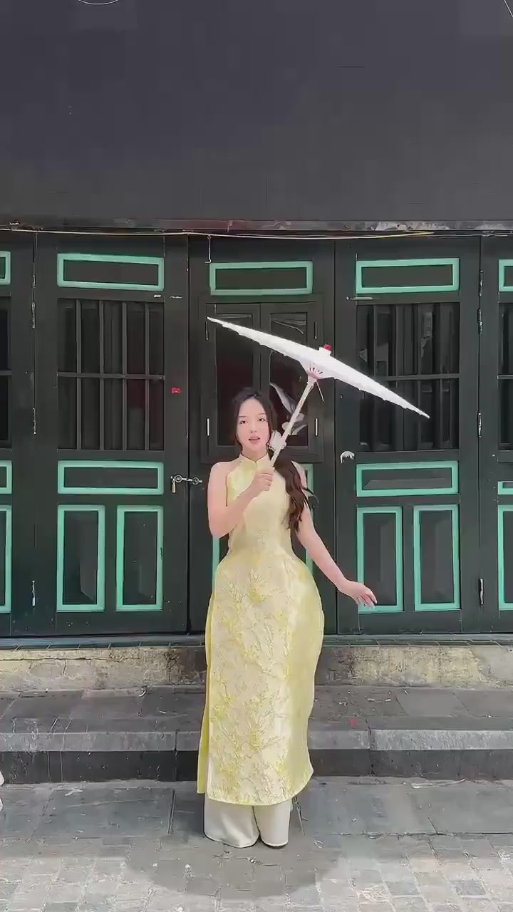 Yen - Golden Sakura Yem-Inspired Ao Dai Top Only, No Pants