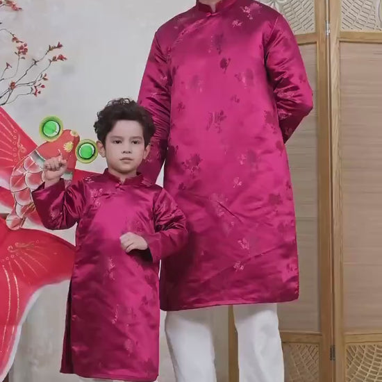 Nhu Y - Men and Boy Maroon Matching Ao Dai Set