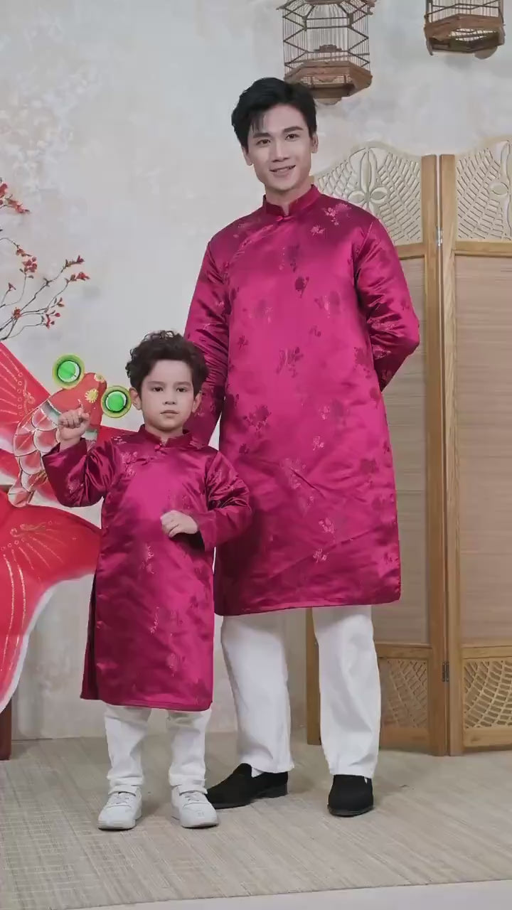 Nhu Y - Men and Boy Maroon Matching Ao Dai Set