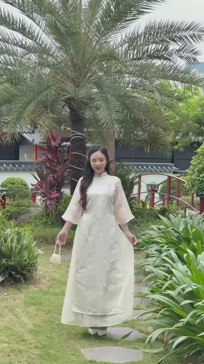 Yen - Silver/Cream Mountain Ao Dai with Skirt 19B