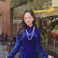 Ink Blue Velvet Plain High Collar Ao Dai Top Only, NO PANTS