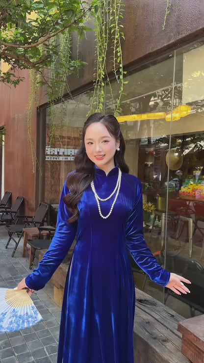 Ink Blue Velvet Plain High Collar Ao Dai Top Only, NO PANTS 45E