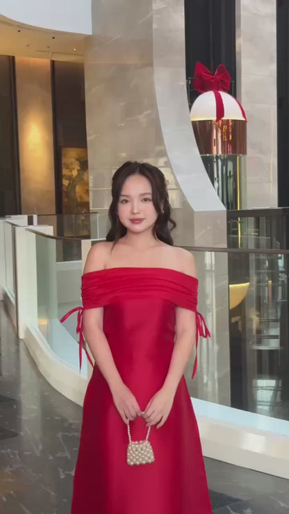 Linh Vy - Aura Red Off the Shoulder Ao Dai Top Only, No Pants 1,2B3C