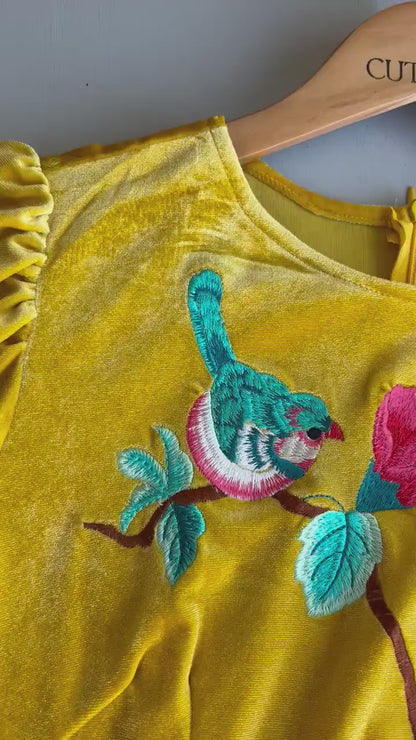 Yellow Puffy Sleeves  Embroidery Velvet Ao Dai Top Only, NO PANTS