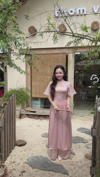 Pink Pearl Neckline Sheer Wing Sleeves Ao Dai Top Only (NO PANTS)