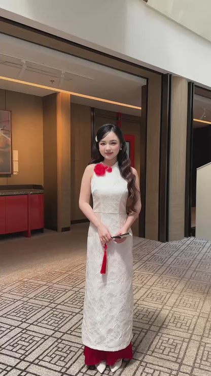 Linh Vy - White Rose Asymmetrical Ao Dai Top Only, No Pants 3E