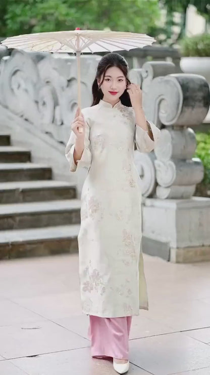 Cream and Gold Butterfly Garden Shifted Ao Dai Set (3 COLORS)
