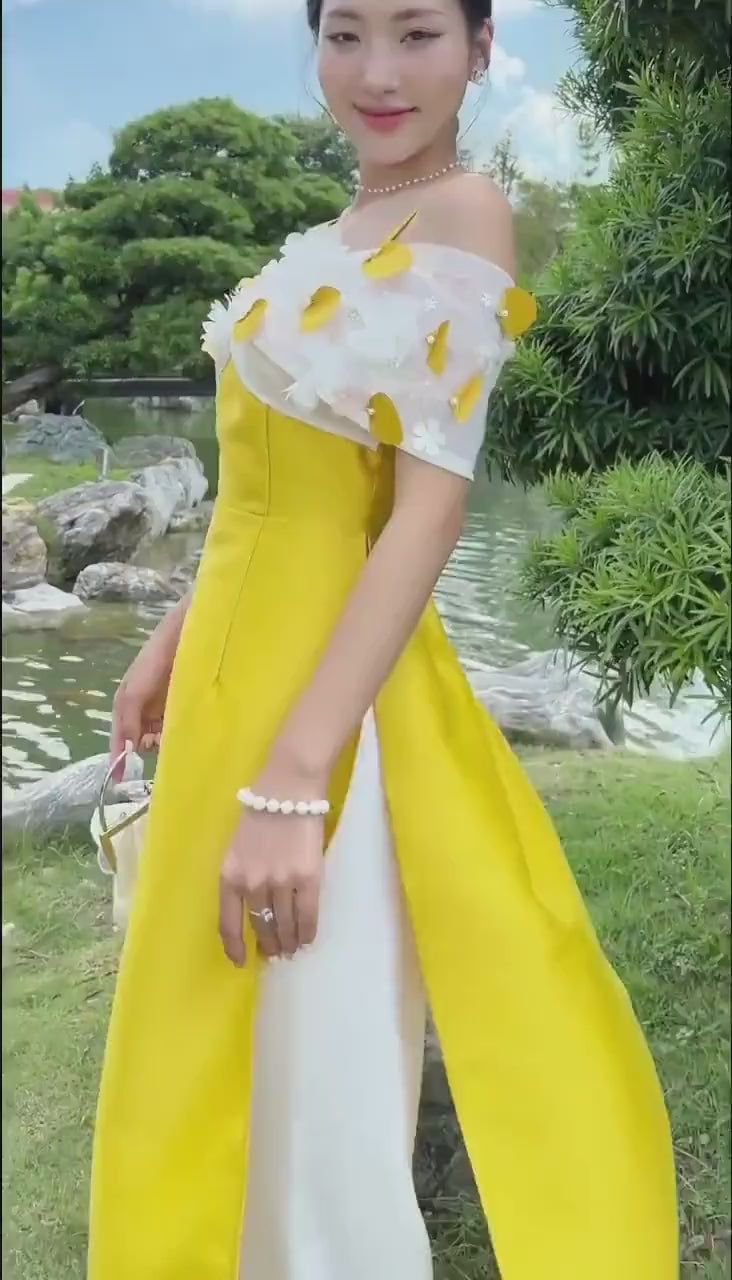 Yellow Off Shoulder Sparkle Ao Dai Set