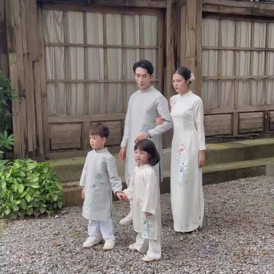 Gia Hòa - Family Gray/White Embroidery Lotus Ao Dai Set