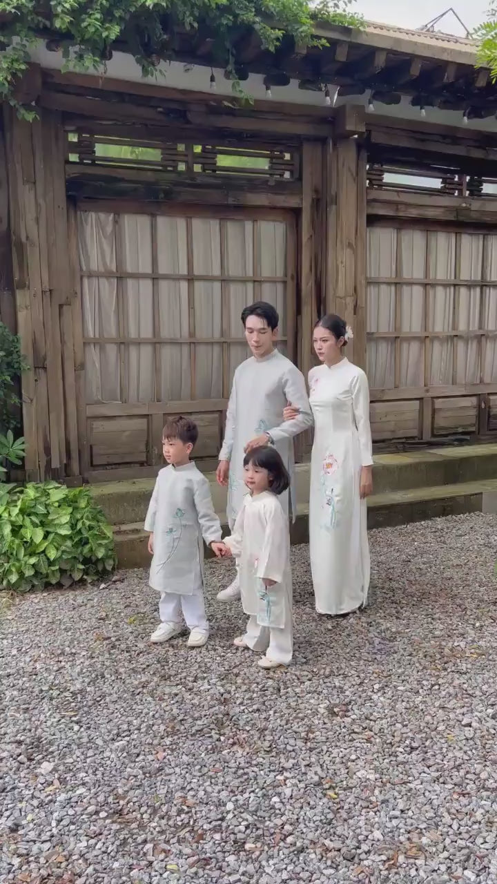 Gia Hòa - Family Gray/White Embroidery Lotus Ao Dai Set