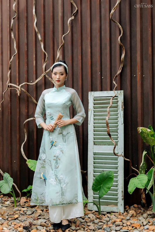 Green 3D Flower Ao Dai Set