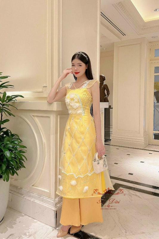 Sparkle Sleeveless Yellow Ao Dai Set