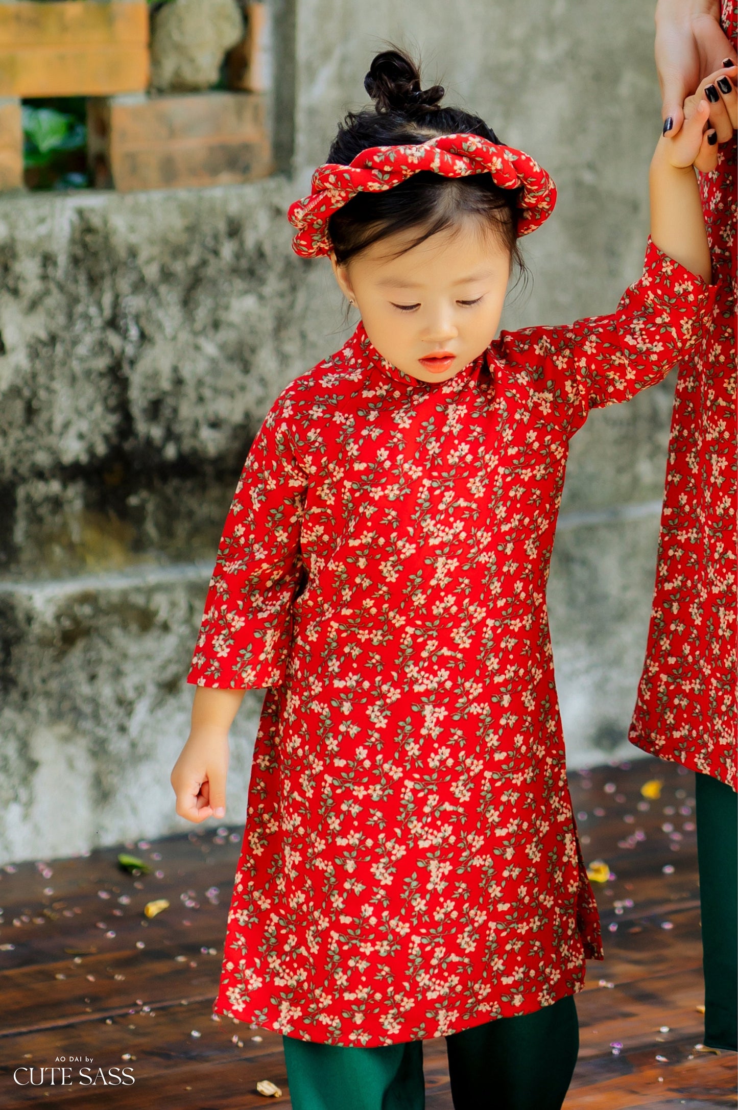 Mom and Daughter Red Matching Ao Dai Set with Headbands