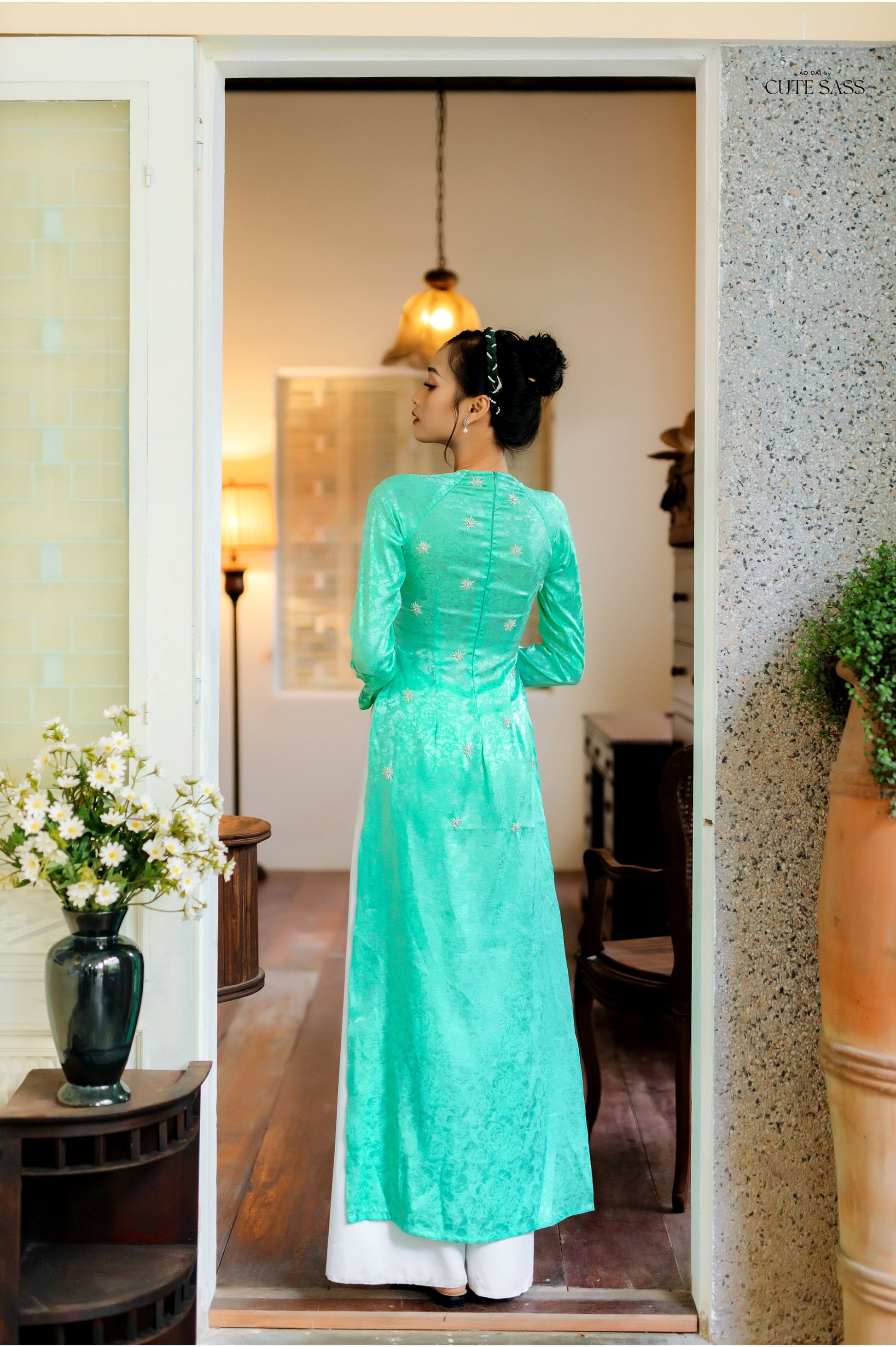 Cyan Sparkle Gam Silk Ao Dai Set