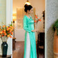Cyan V Neck Gam Silk Ao Dai Set