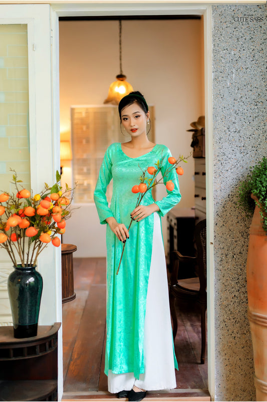 Cyan V Neck Gam Silk Ao Dai Set