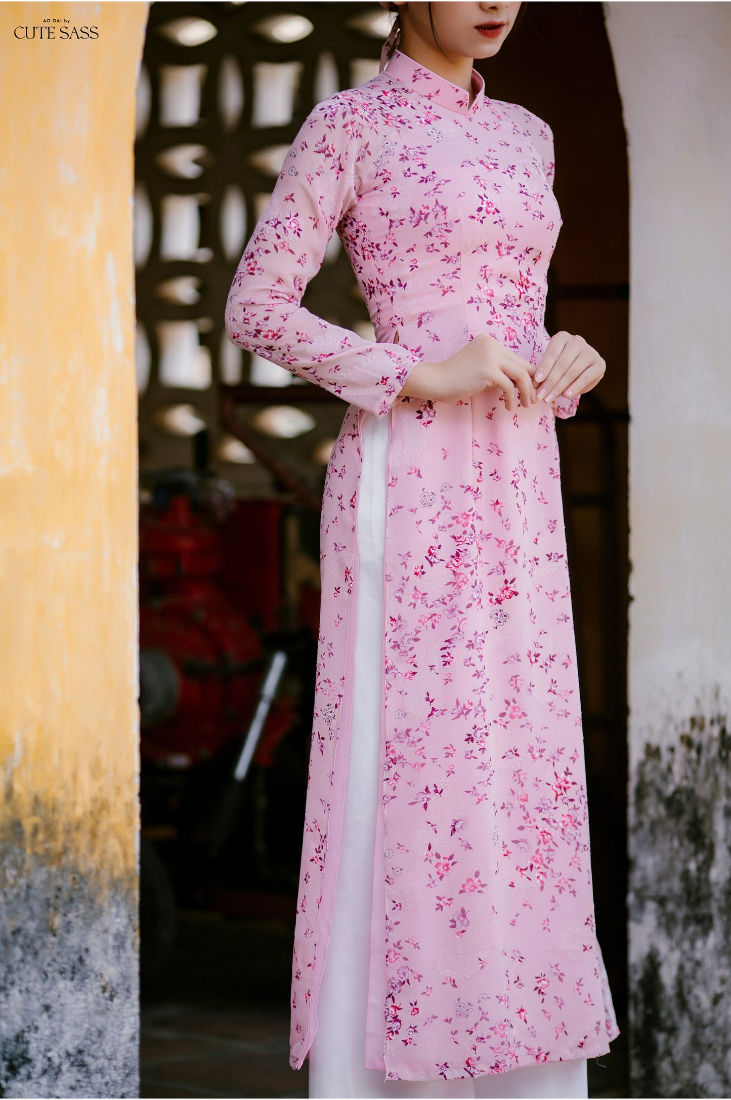 Pink Mini Flowers Chiffon Ao Dai Set with Headband