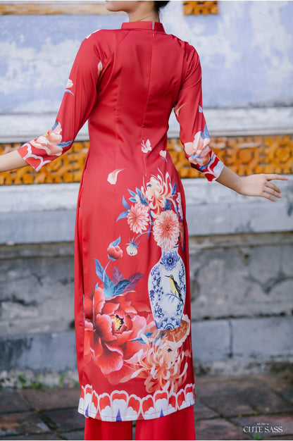 Red Vase Ao Dai Set | Pre-made Modernized Vietnamese Ao Dai| Women Ao Dai with Pants | Lunar New Year| Ao Dai Truyen Thong| Ao Dai Cach Tan