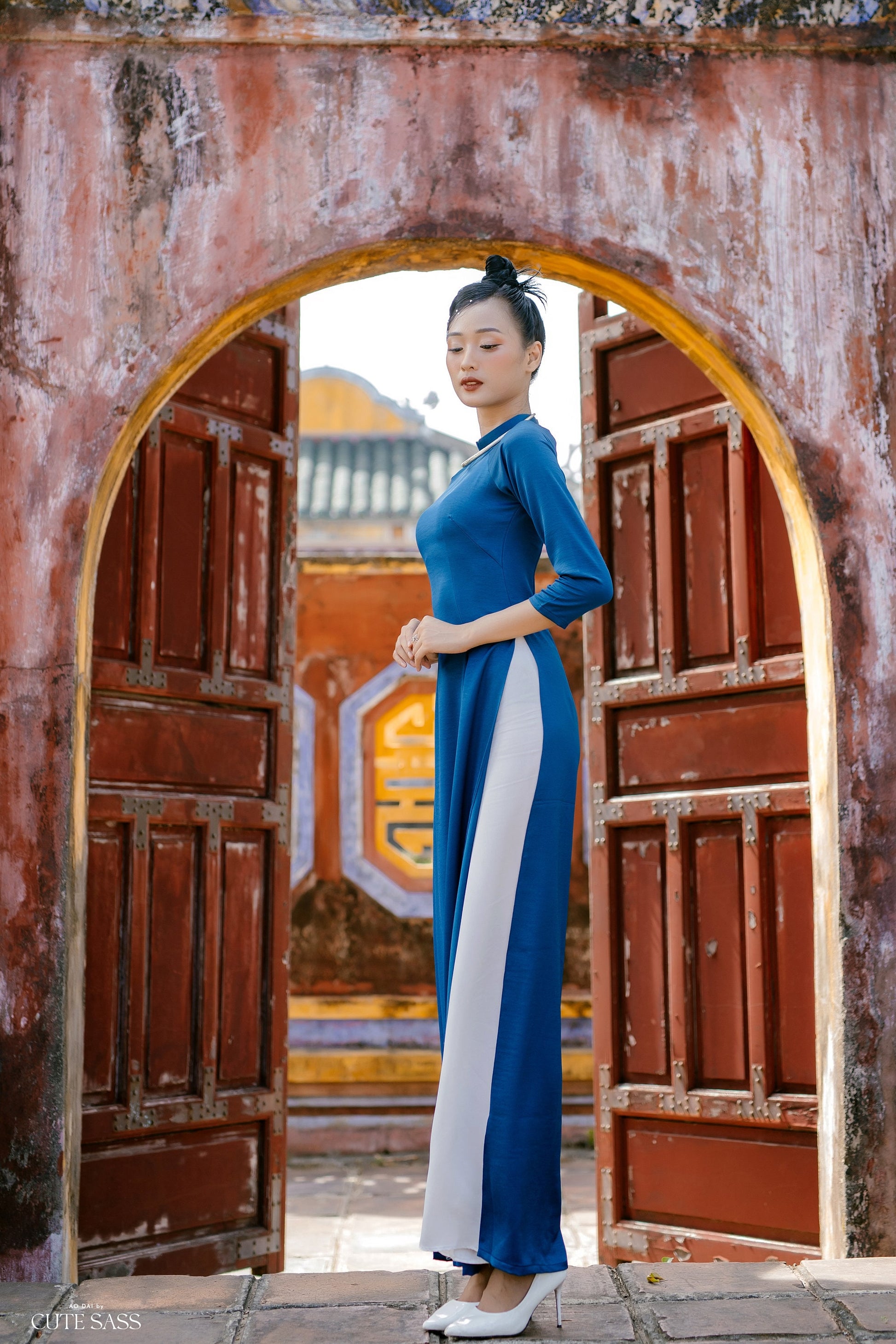 Tay Thi Silk Plain Ao Dai Set, SAME COLOR Pants (Prussian, Mint, Black, Orange) | Pre-made Traditional Vietnamese Ao Dai|