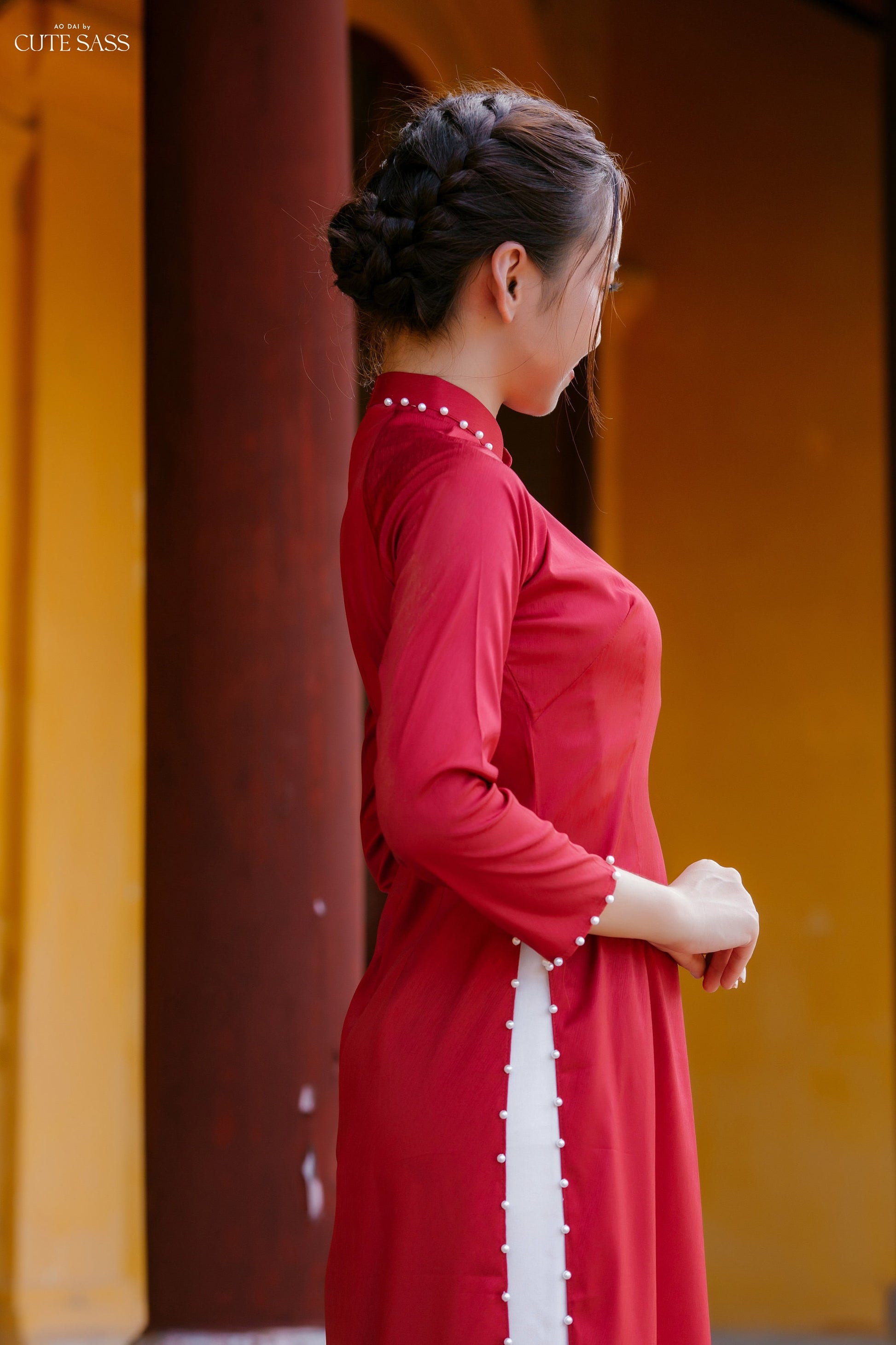 Plain Pearls Ao Dai Set | Pre-made Traditional Vietnamese Ao Dai| Women Ao Dai with Pants | Lunar New Year| Ao Dai Truyen Thong | D1