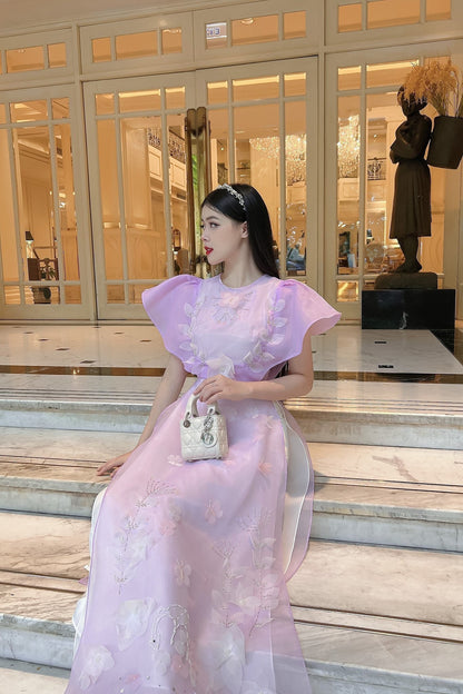 Wing Sleeve Purple Ao Dai Set