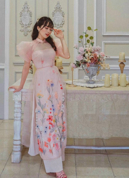Blush Puffy Sleeve Sparkle Garden Ao Dai Set