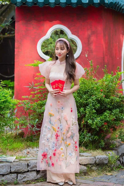Blush Puffy Sleeve Sparkle Garden Ao Dai Set
