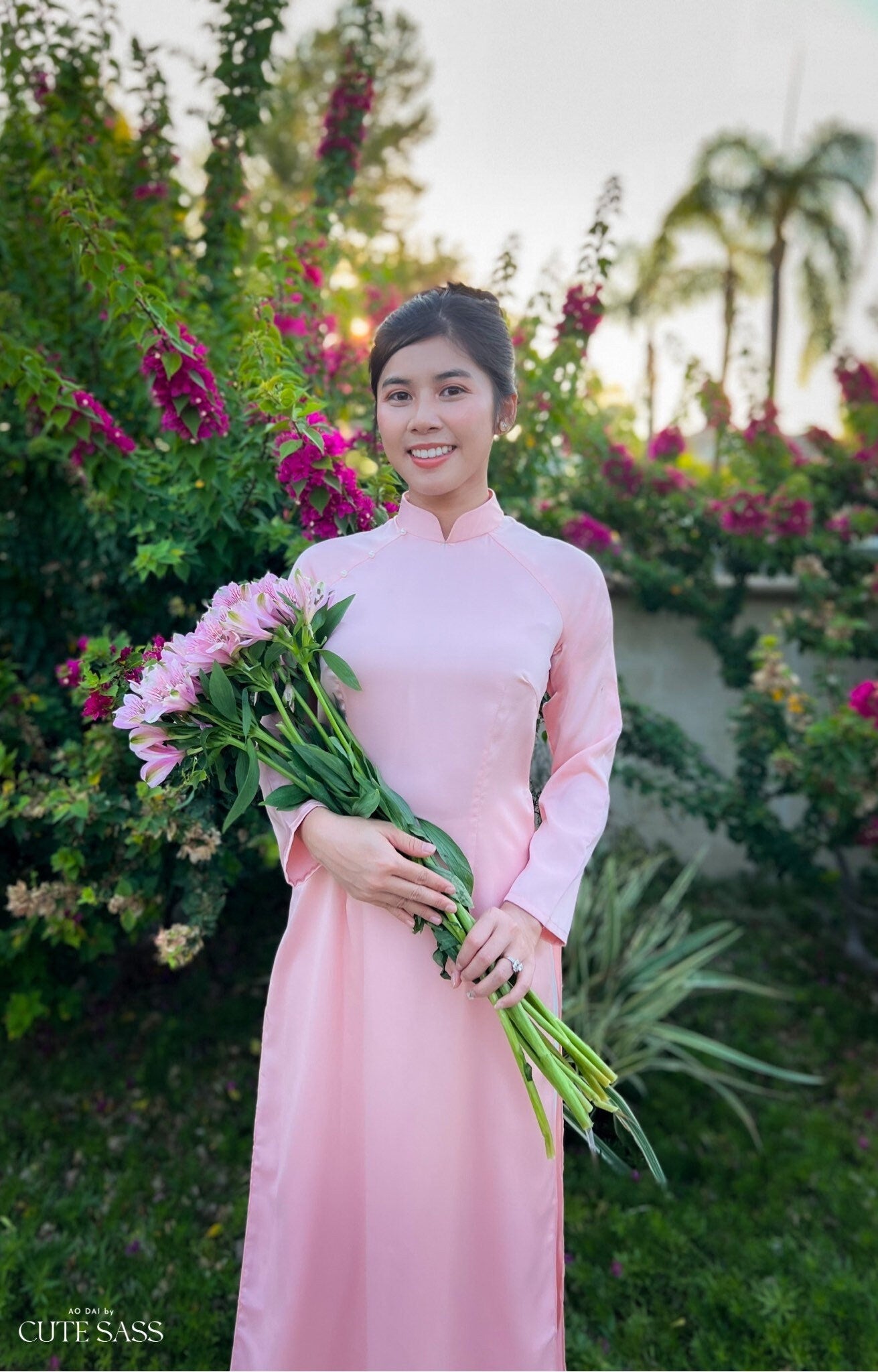 Light Pink Ngoc Trai Silk Pearl Ao Dai Set | Pre-made Traditional Vietnamese Ao Dai| Lunar New Year| Ao Dai Truyen Thong| Ao Dai with Pants