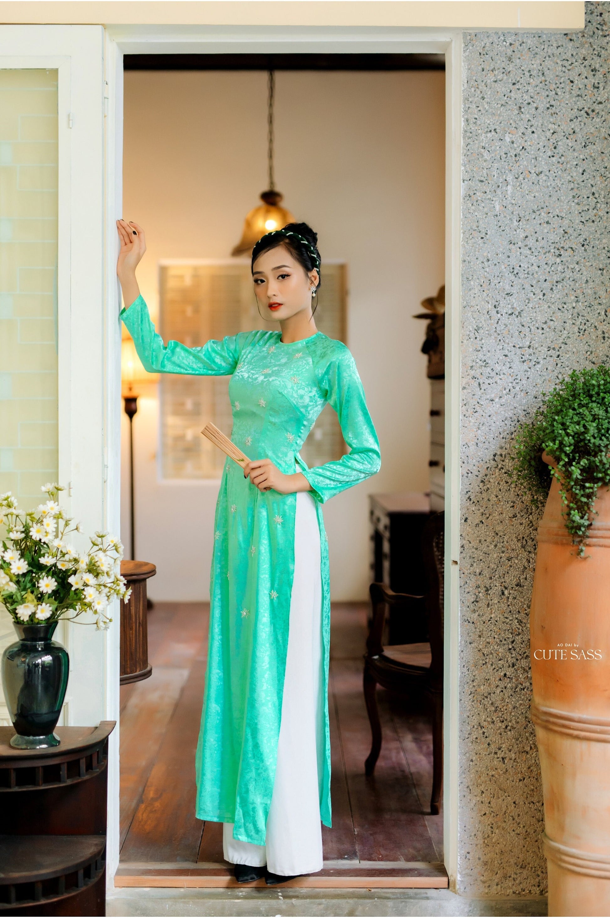 Cyan Sparkle Gam Silk Ao Dai Set