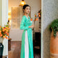 Cyan V Neck Gam Silk Ao Dai Set
