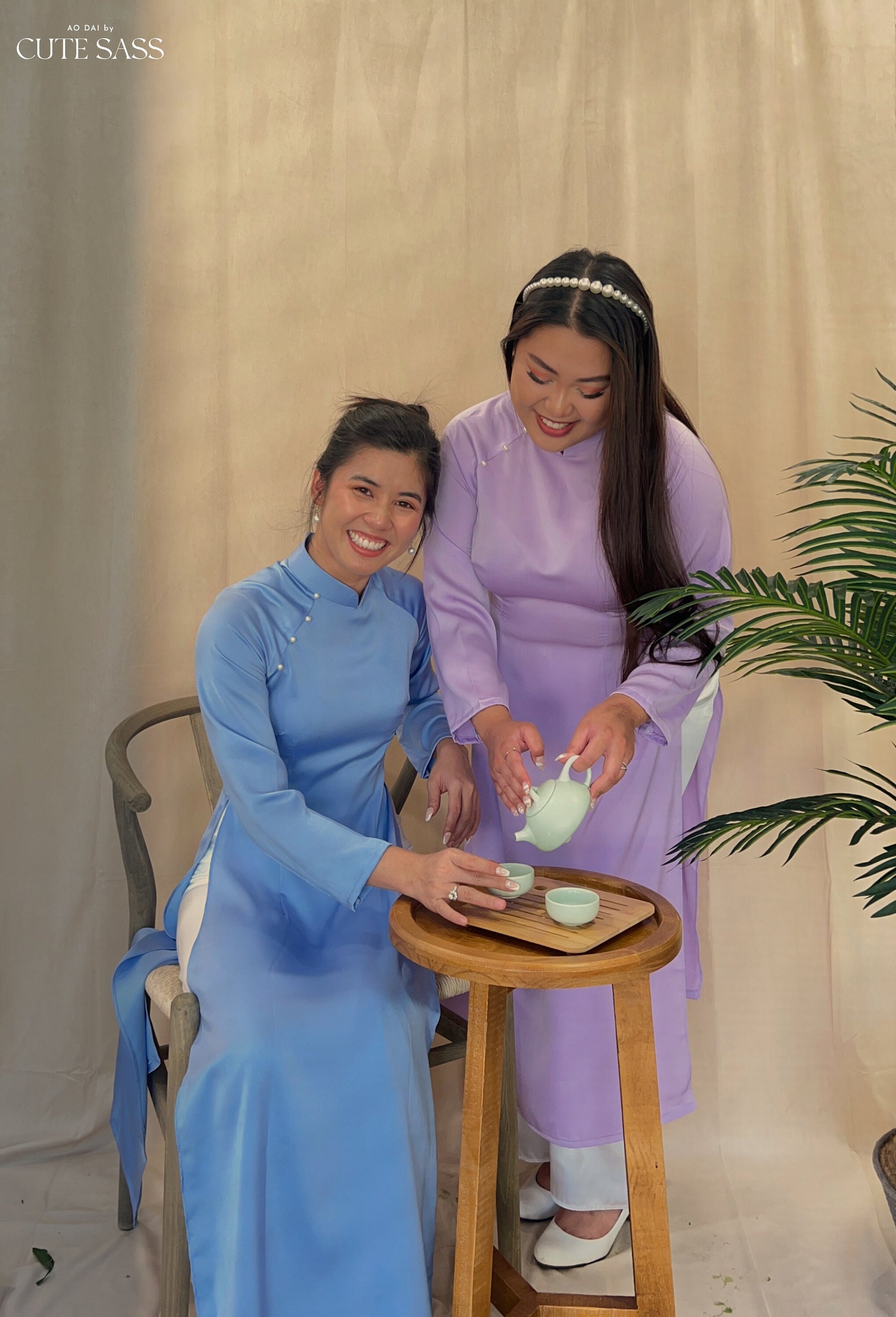 Cool Blue/Lavender Ngoc Trai Silk Pearl Ao Dai Set | Pre-made Traditional Vietnamese Ao Dai| Lunar New Year| Ao Dai with Pants