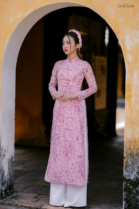 Pink Mini Flowers Chiffon Ao Dai Set with Headband