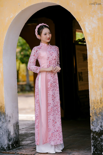 Pink Pearl Mini Flowers Chiffon Ao Dai Set (no headband)