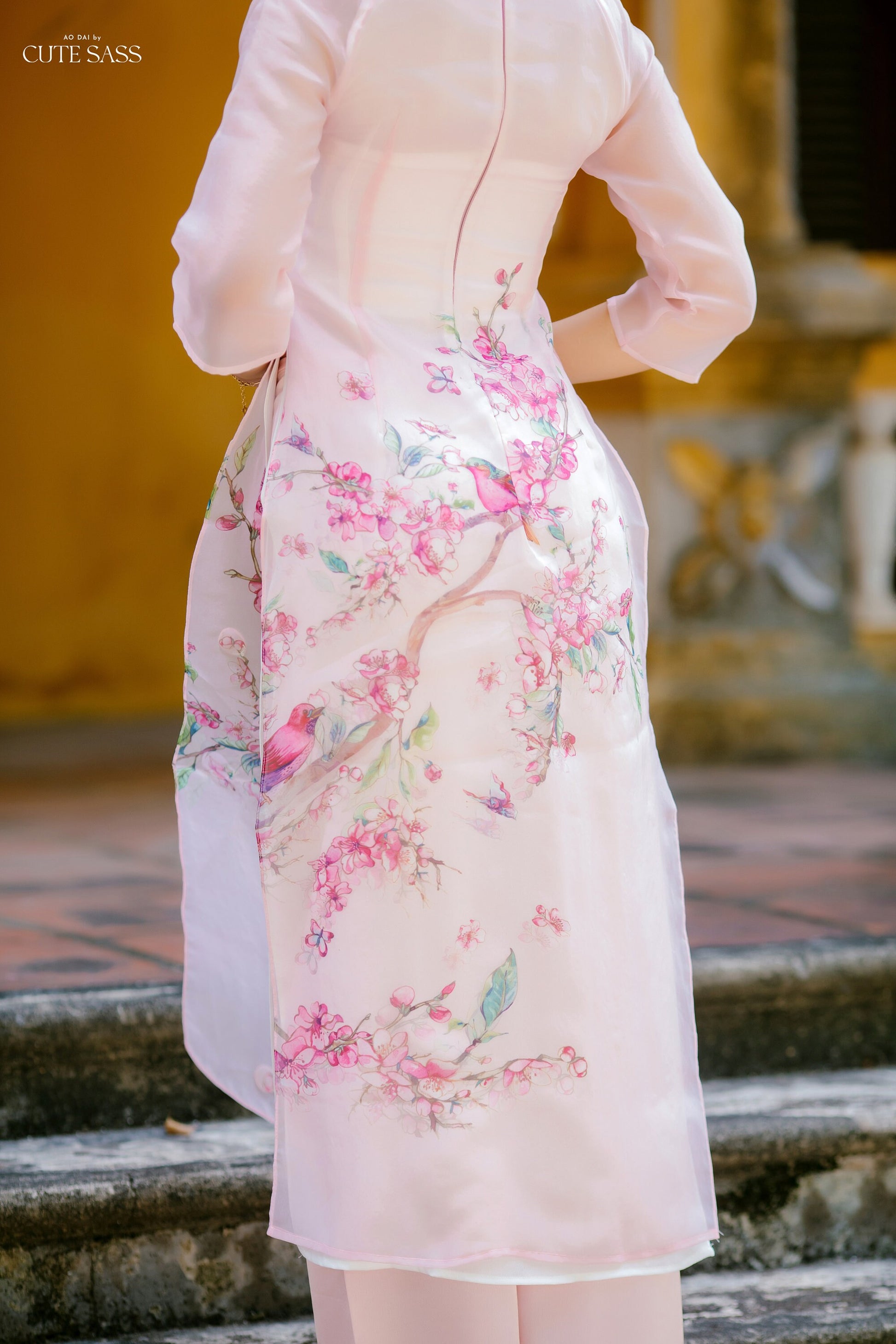 Pink Sparkle Branches and Sparrow Ao Dai SetAo Dai Set 