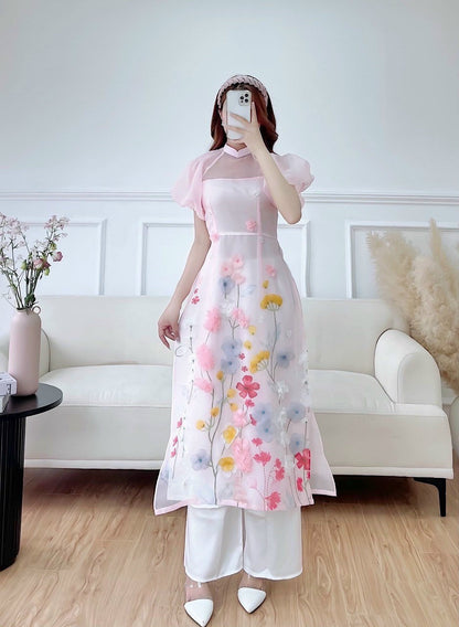 Blush Puffy Sleeve Sparkle Garden Ao Dai Set