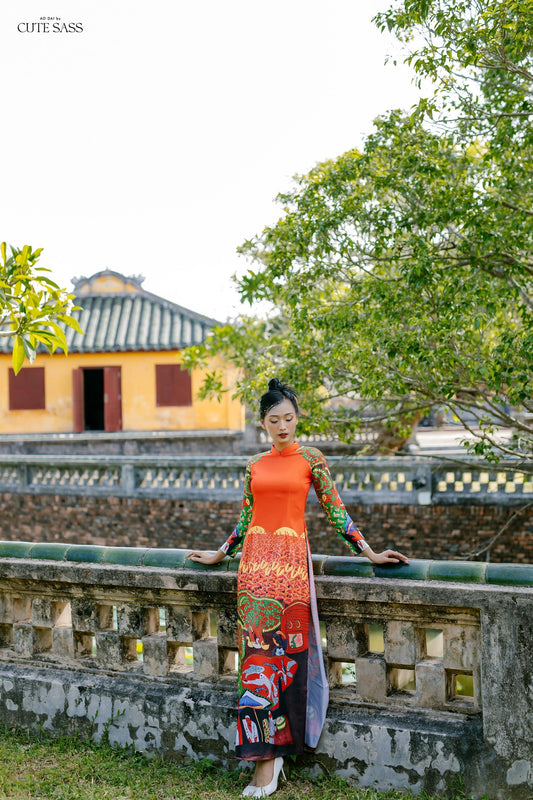 Silk Orange Red Pattern Ao Dai Set