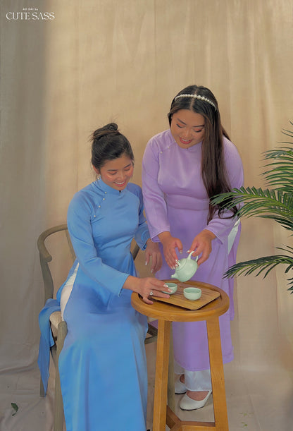 Cool Blue/Lavender Ngoc Trai Silk Pearl Ao Dai Set | Pre-made Traditional Vietnamese Ao Dai| Lunar New Year| Ao Dai with Pants