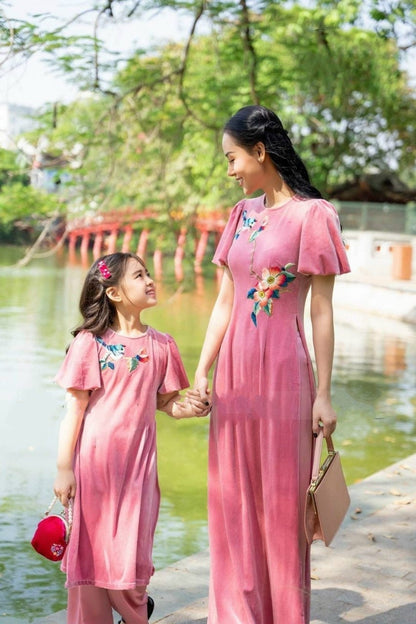 Mom and Daughter Light Pink Embroidery Velvet Ao Dai Top Only, NO PANTS