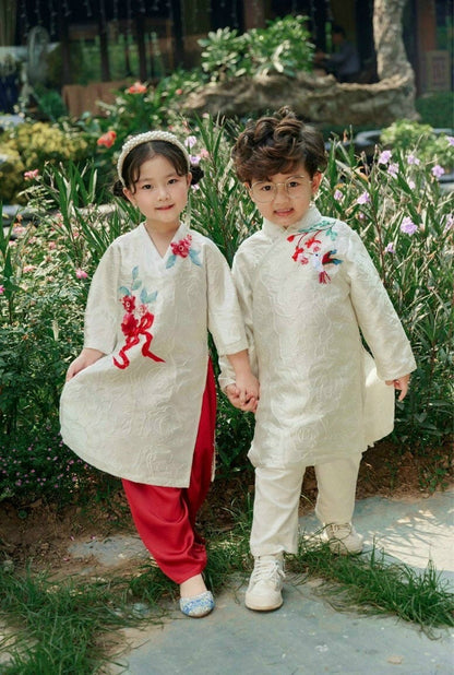 Family White Gam Ao Dai Set
