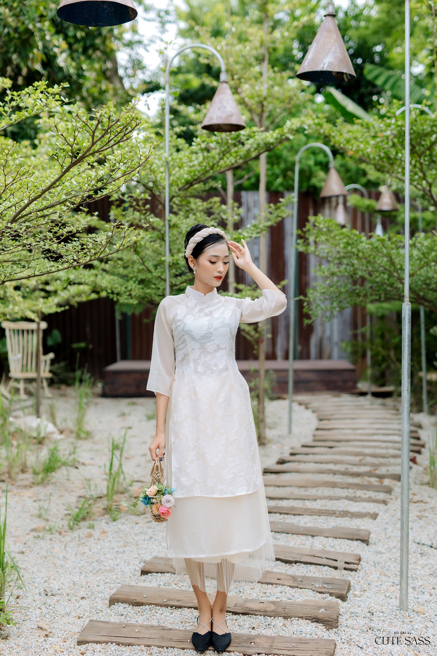 Lace Cream Ao Dai with Skirt