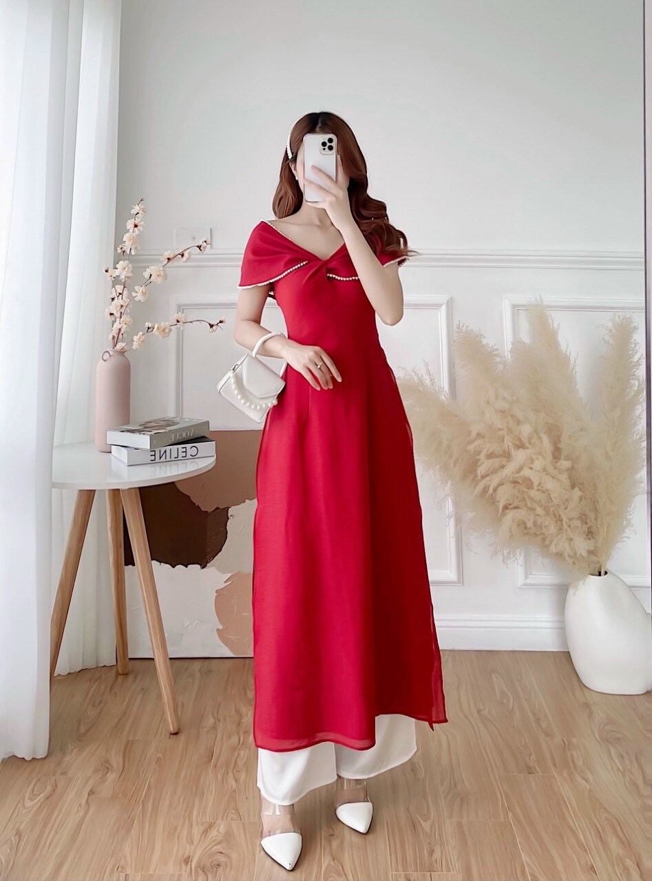 Red Off Shoulder Pearl Ao Dai Set