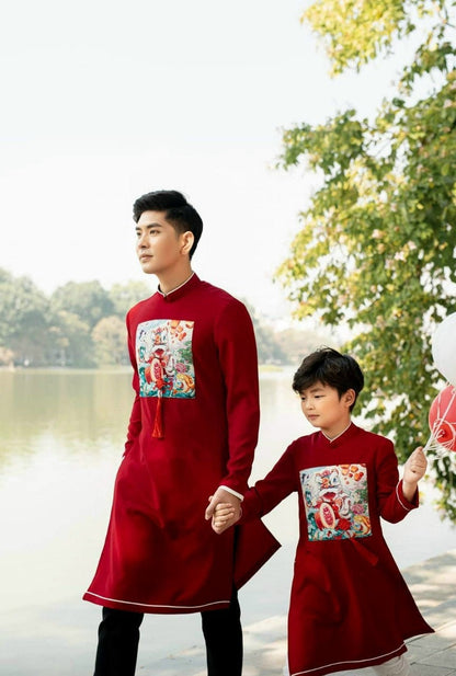 Taffeta Material Family Red Lotus & Koi Ao Dai Set