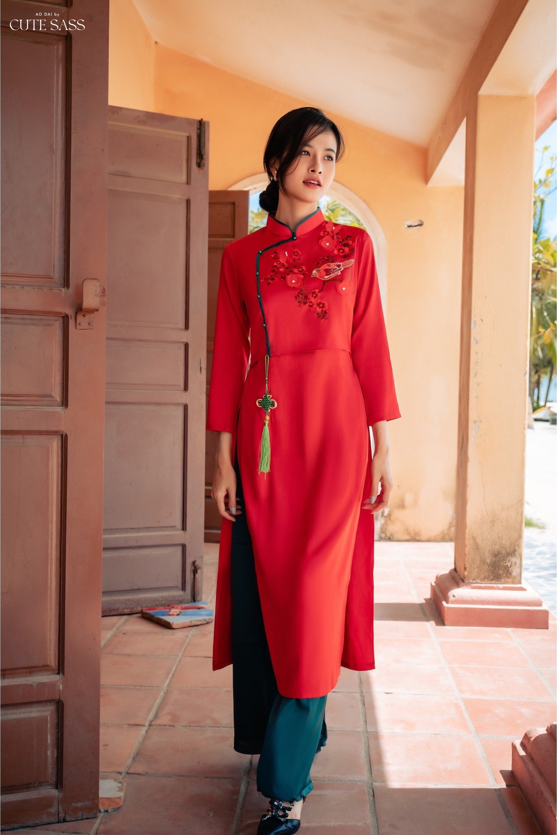 Red Sparrow Embroidery Ao Dai Set