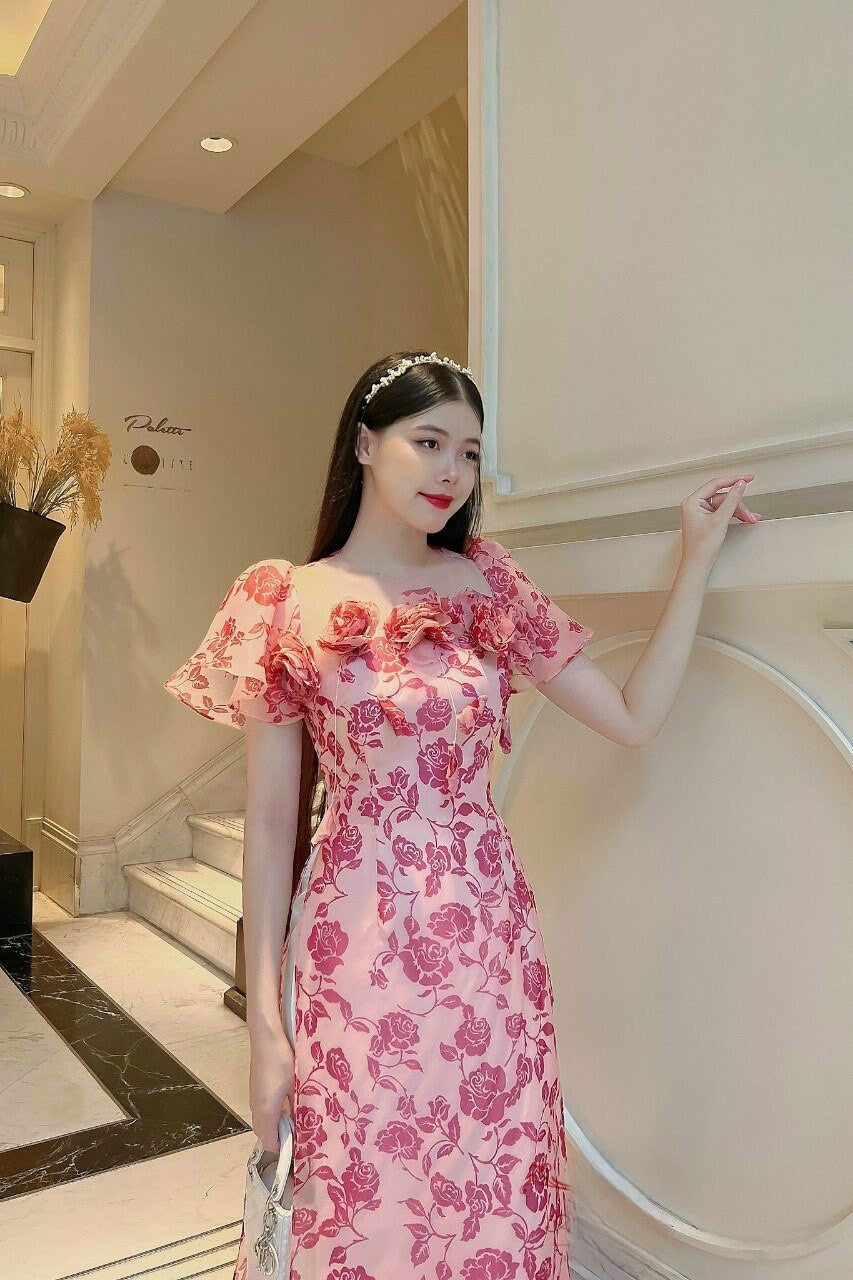 Red Rose Wing Sleeve Ao Dai Set