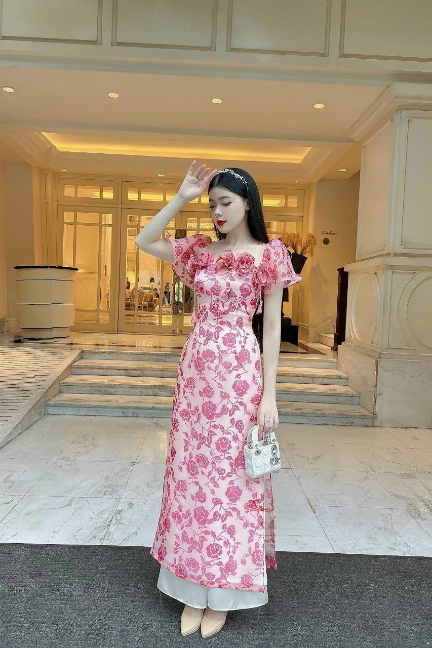 Red Rose Wing Sleeve Ao Dai Set