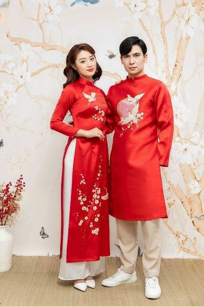 Family Red Embroidery Mai Ao Dai Set