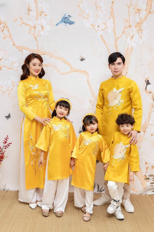 Family Yellow Embroidery Mai Ao Dai Set