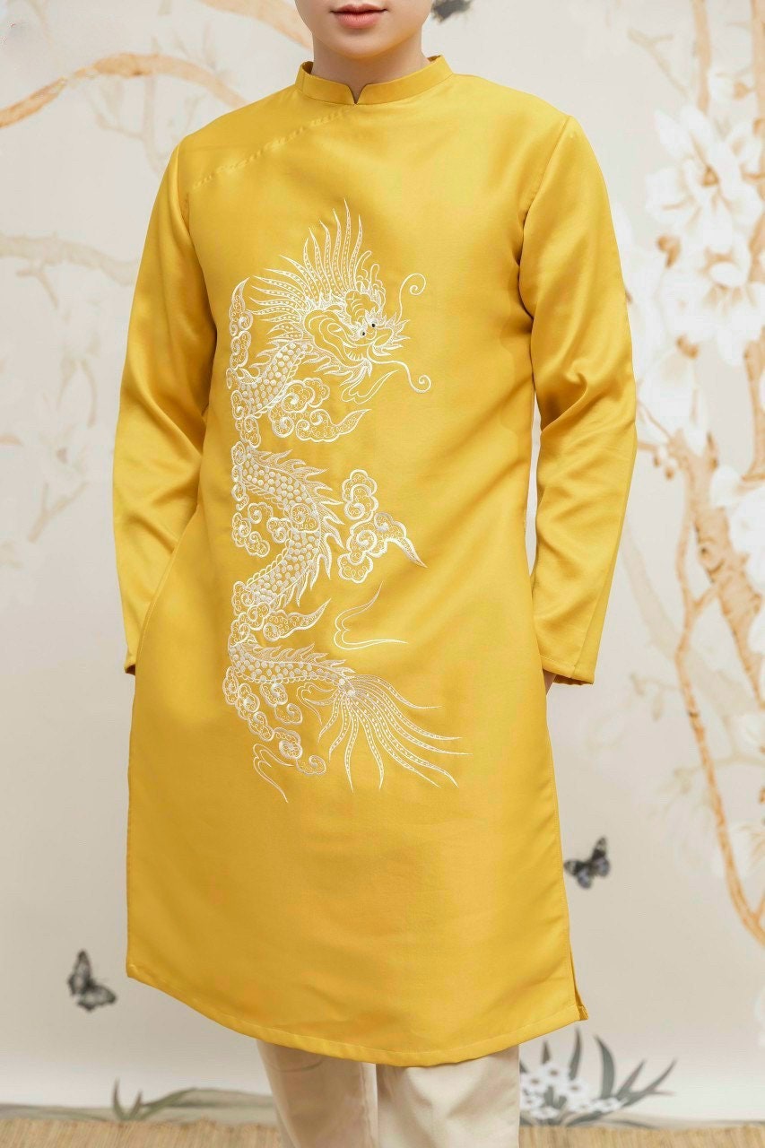 Men Yellow Embroidery Dragon Ao Dai Set| Pre-made Traditional Vietnamese Ao Dai| Lunar New Year | Ao Dai for Dad, Boy | Ao Dai Tet |