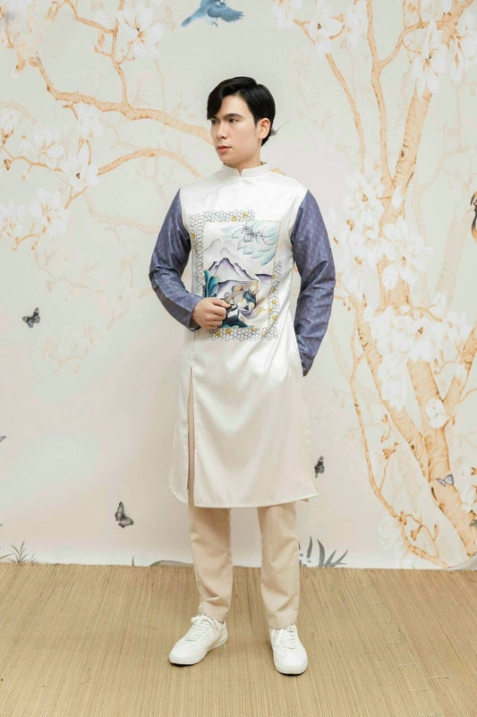 Men White & Blue Printed Moutain Ao Dai Set